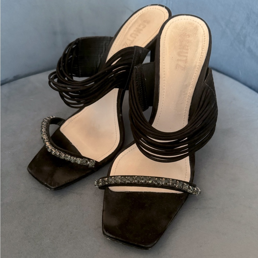 Schutz Strappy Stilettos with Black Rhinestone detail